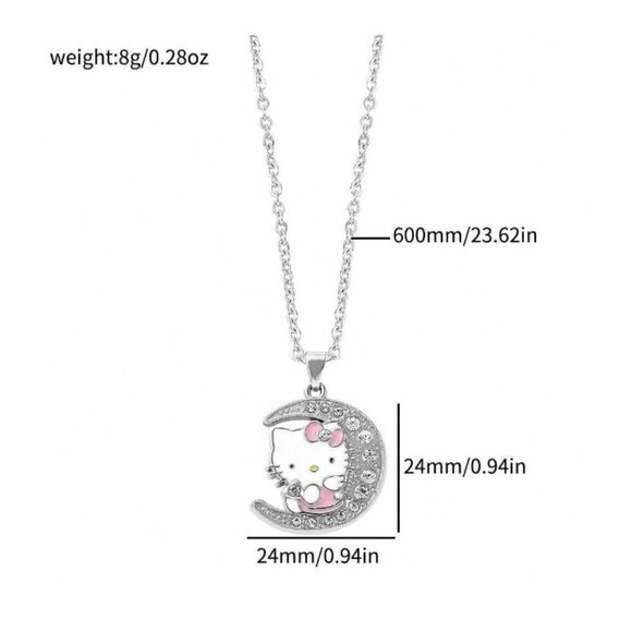 Hello Kitty Crescent Moon Necklace Silver Rhinestones Pink Bow Dress - Picture 2 of 5